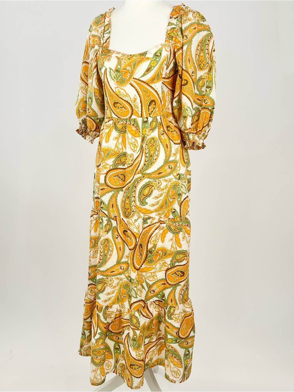 Faithfull The Brand 100% Linen Paisley Puff Sleeve Maxi Dress Fall XS US 2